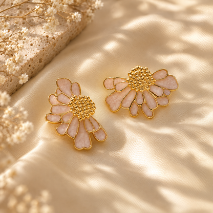 Blush Blossom gold flower earrings with blush enamel petals on champagne satin