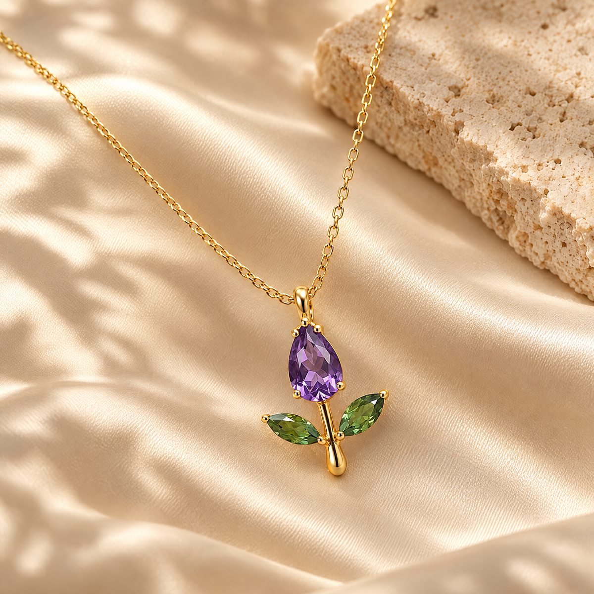 Violet Grace tulip pendant necklace with violet and green stones on champagne satin