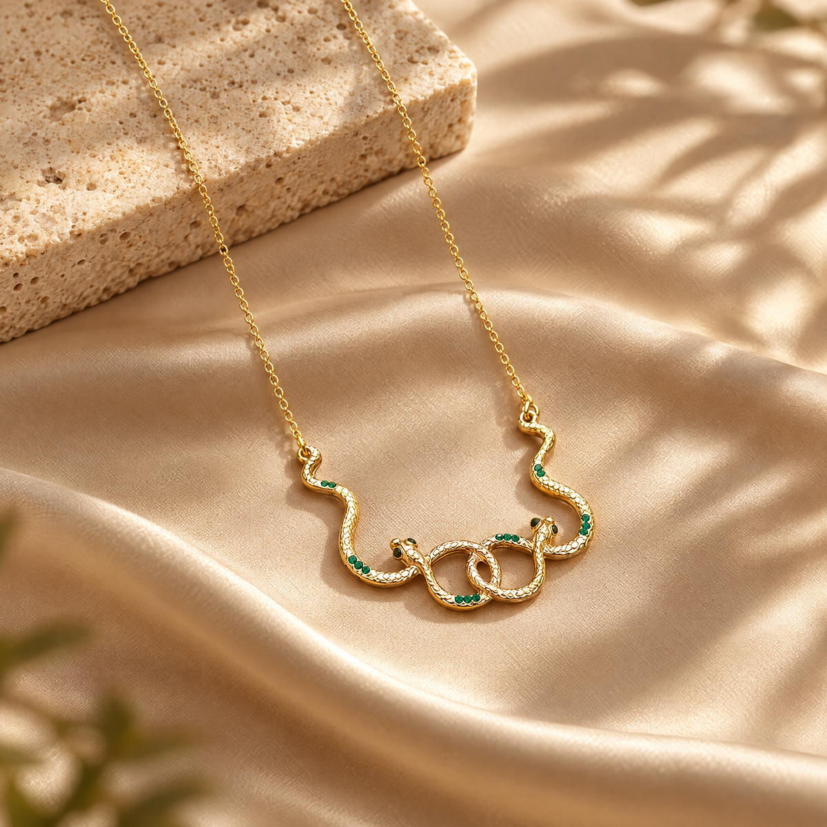 Emerald Serpent Necklace with intertwined gold serpents on champagne satin